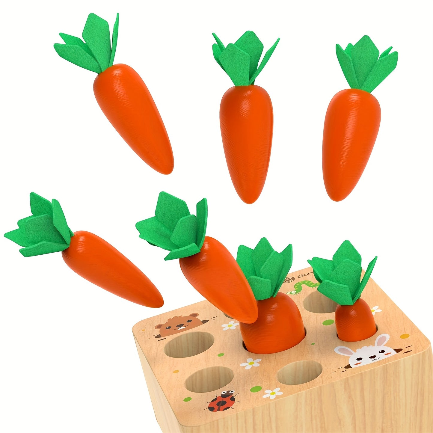 Close-up of wooden carrot harvest game pieces