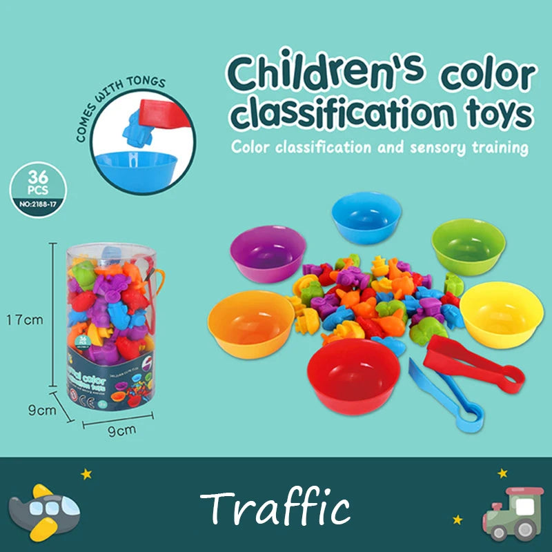 Child sorting bears into rainbow-colored cups