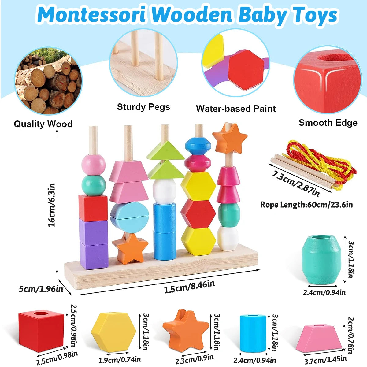 Wooden bead threading toy with shapes for toddlers