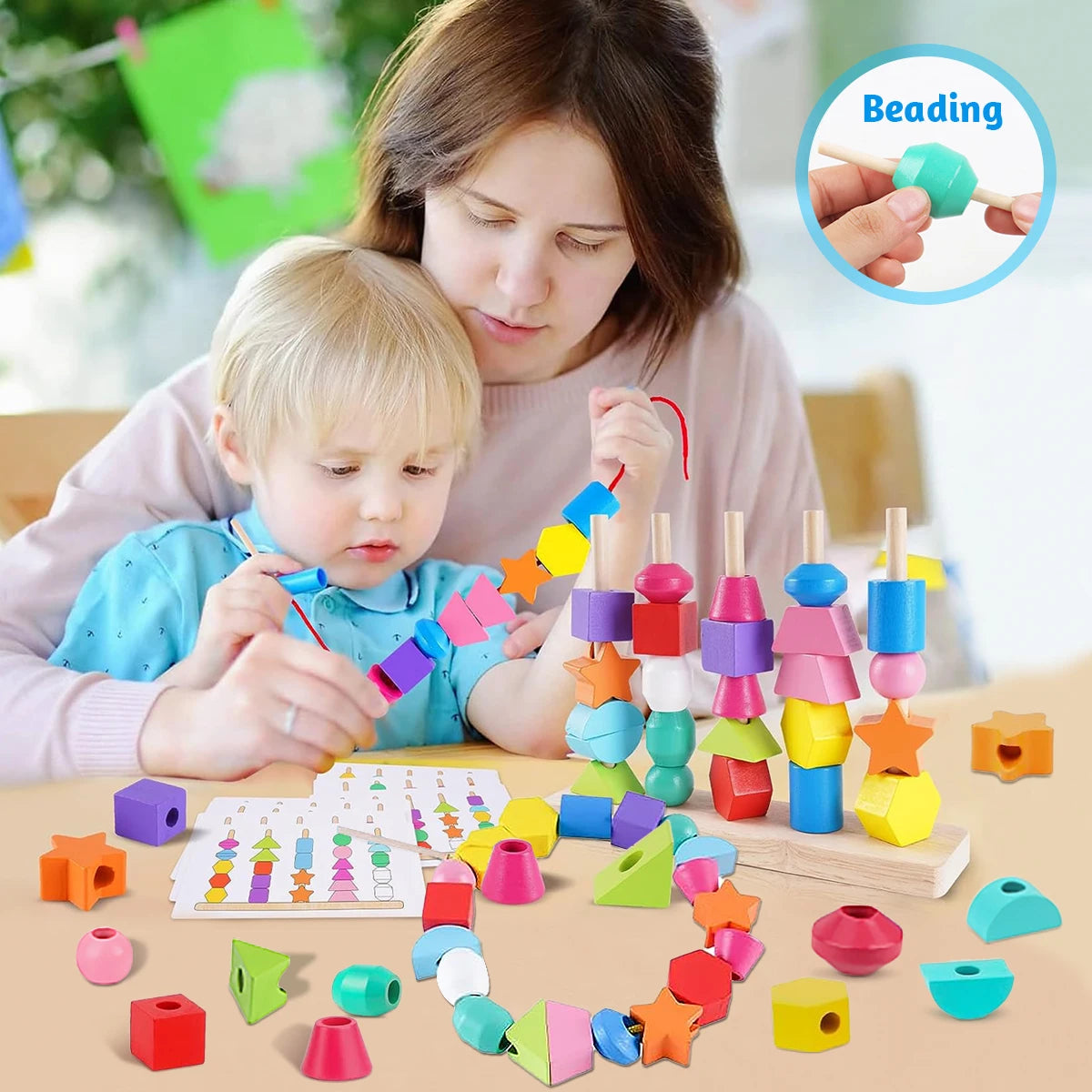 Wooden blocks and beads set for coordination play