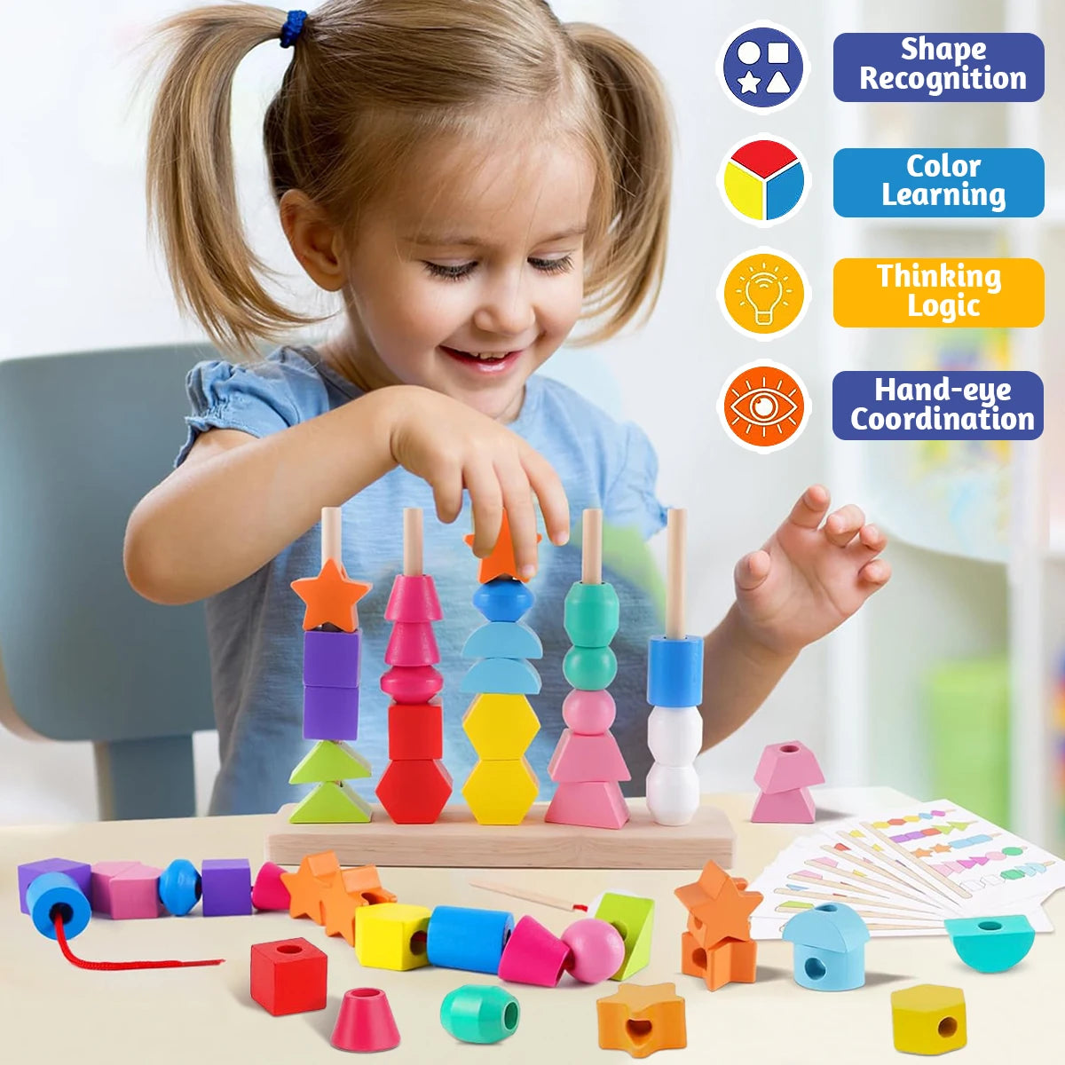 Wooden lacing toy with colorful beads and shapes