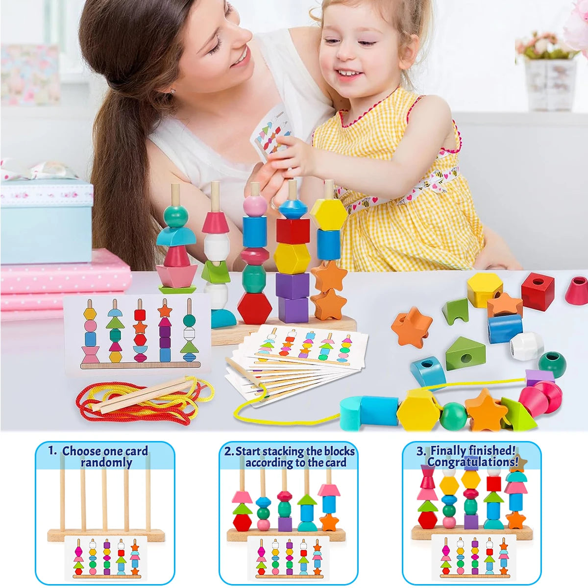 Hands using stacking blocks to build patterns