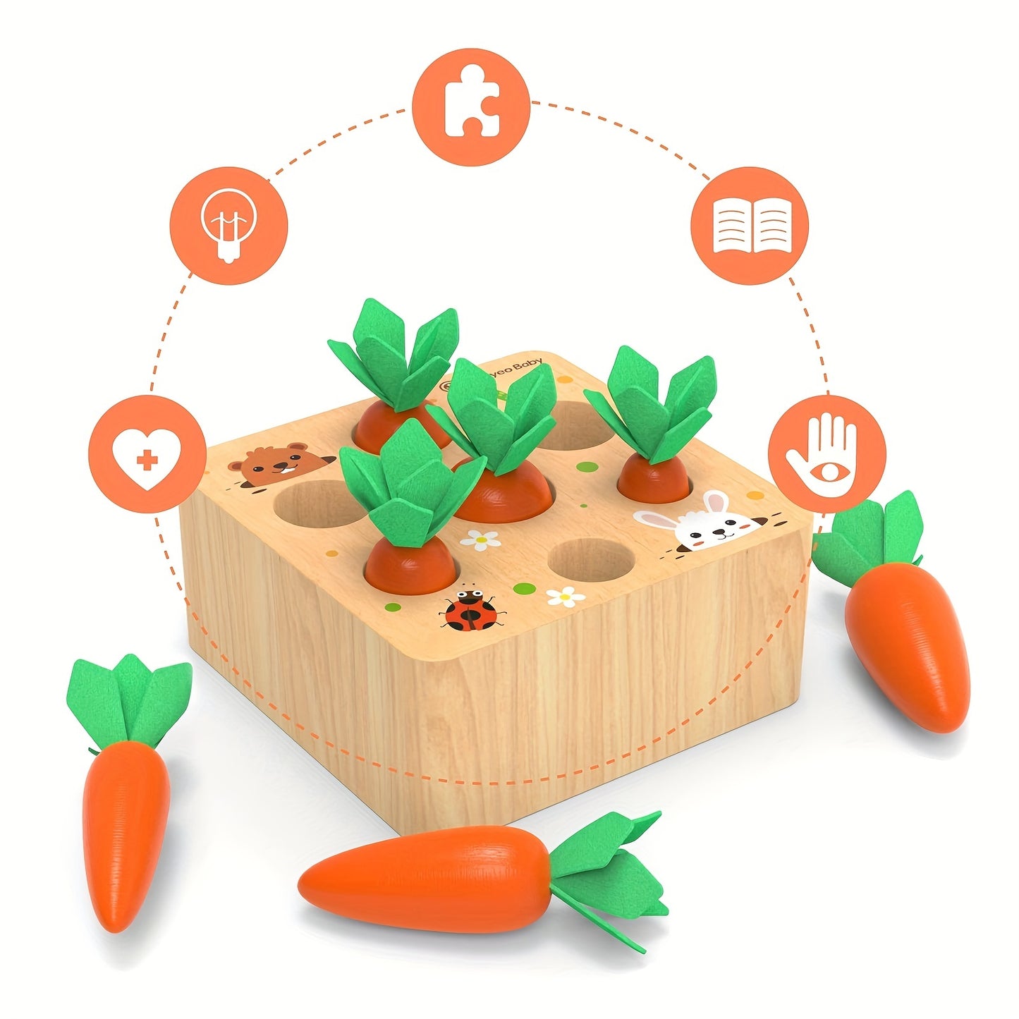 Wooden carrot pull toy with matching holes