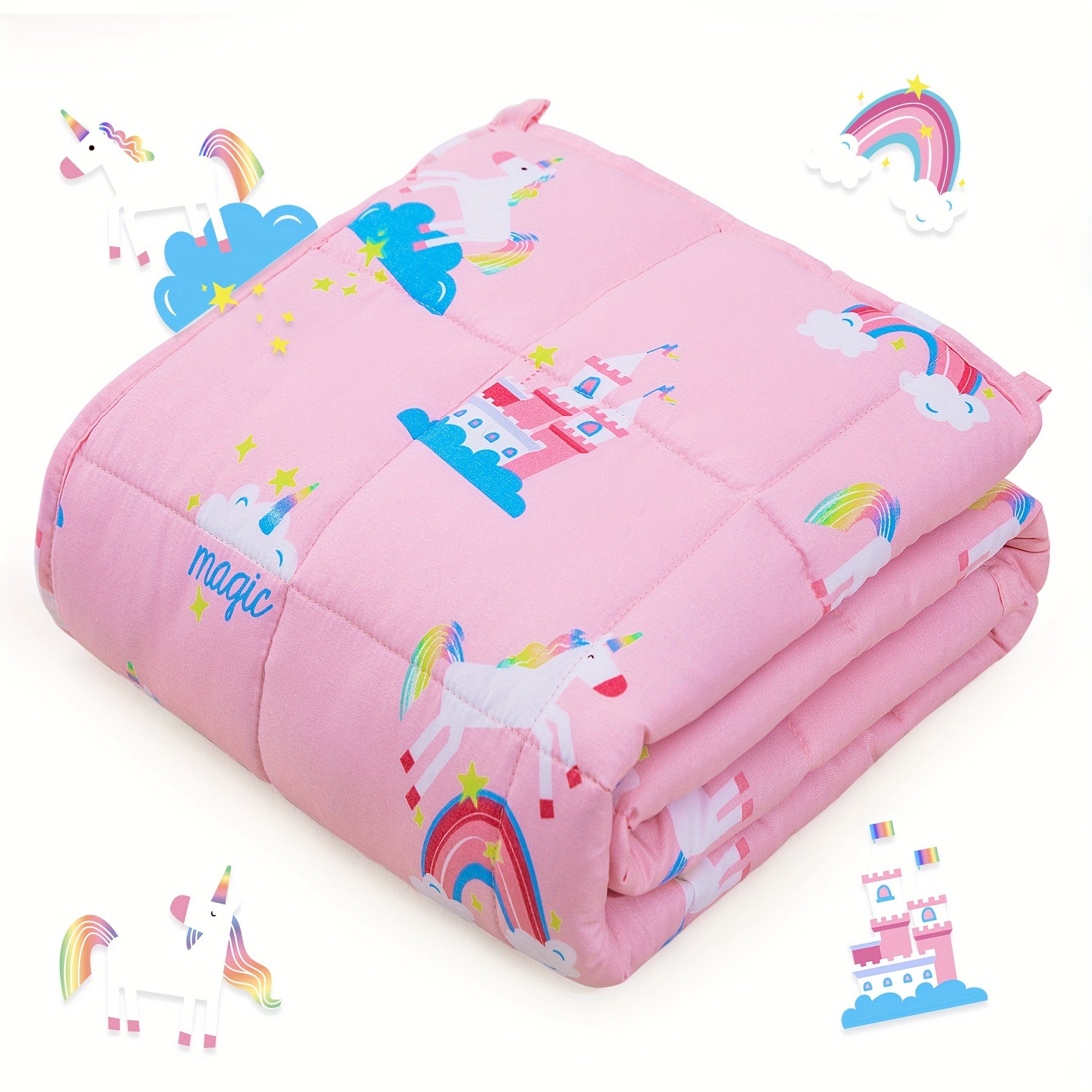 Child sleeping under cartoon sensory blanket