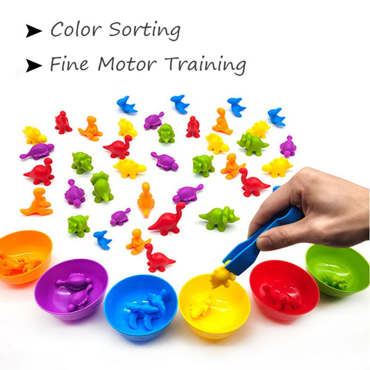 Child sorting colorful animals into matching bins


