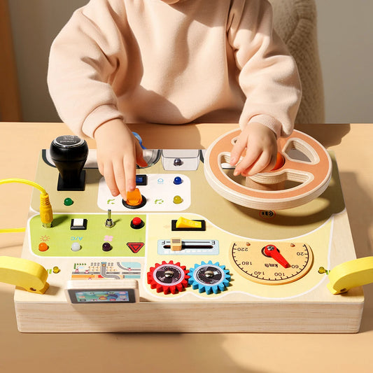 Montessori wooden busy board for toddler learning


