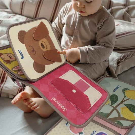 Montessori busy book with animals and fruit matching

