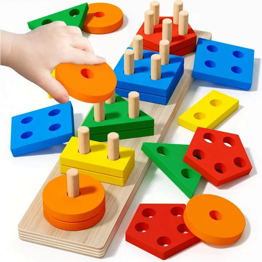 Montessori geometric sorting toy with wood base

