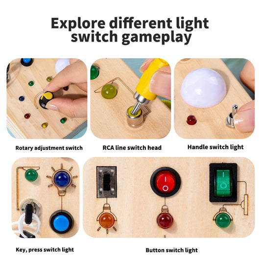 Montessori Busy Board | Wooden Sensory Toy with LED Light Switch for Toddlers