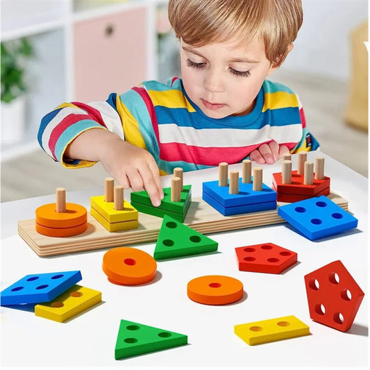 Toddler matching shapes on Montessori column toy

