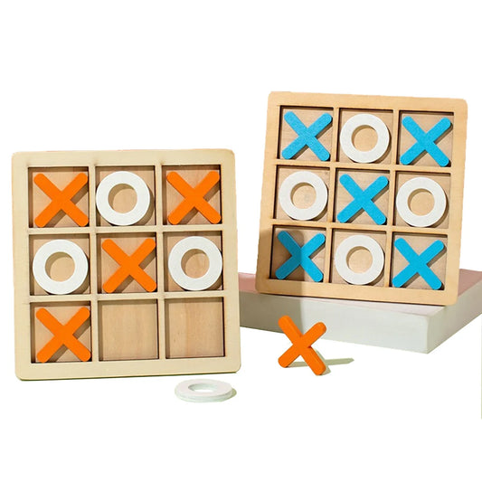 Child playing Montessori wooden tic tac toe game

