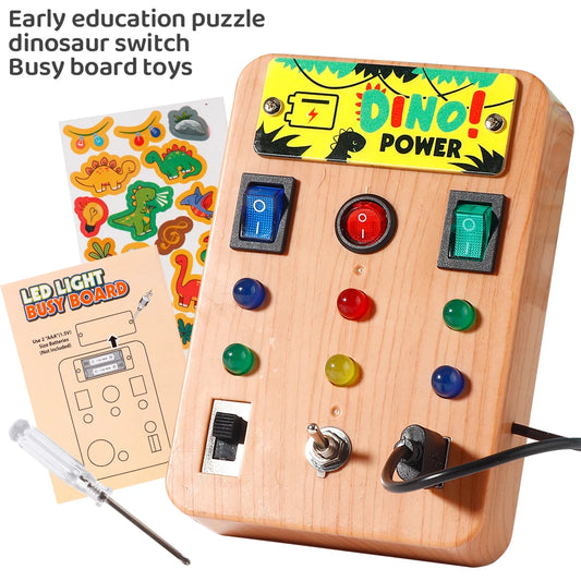 Montessori busy board toy with LED lights and tools

