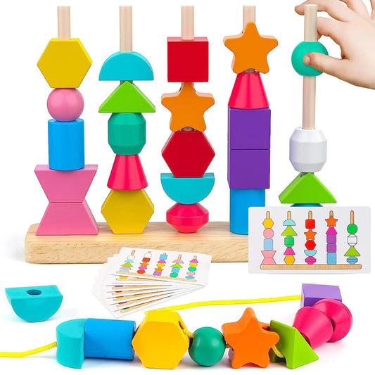Toddler playing with Montessori wooden beads stacker

