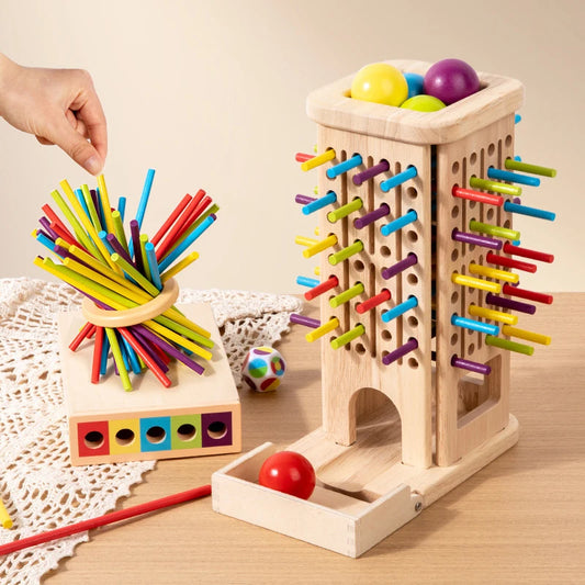Montessori stick tower game with wooden dice

